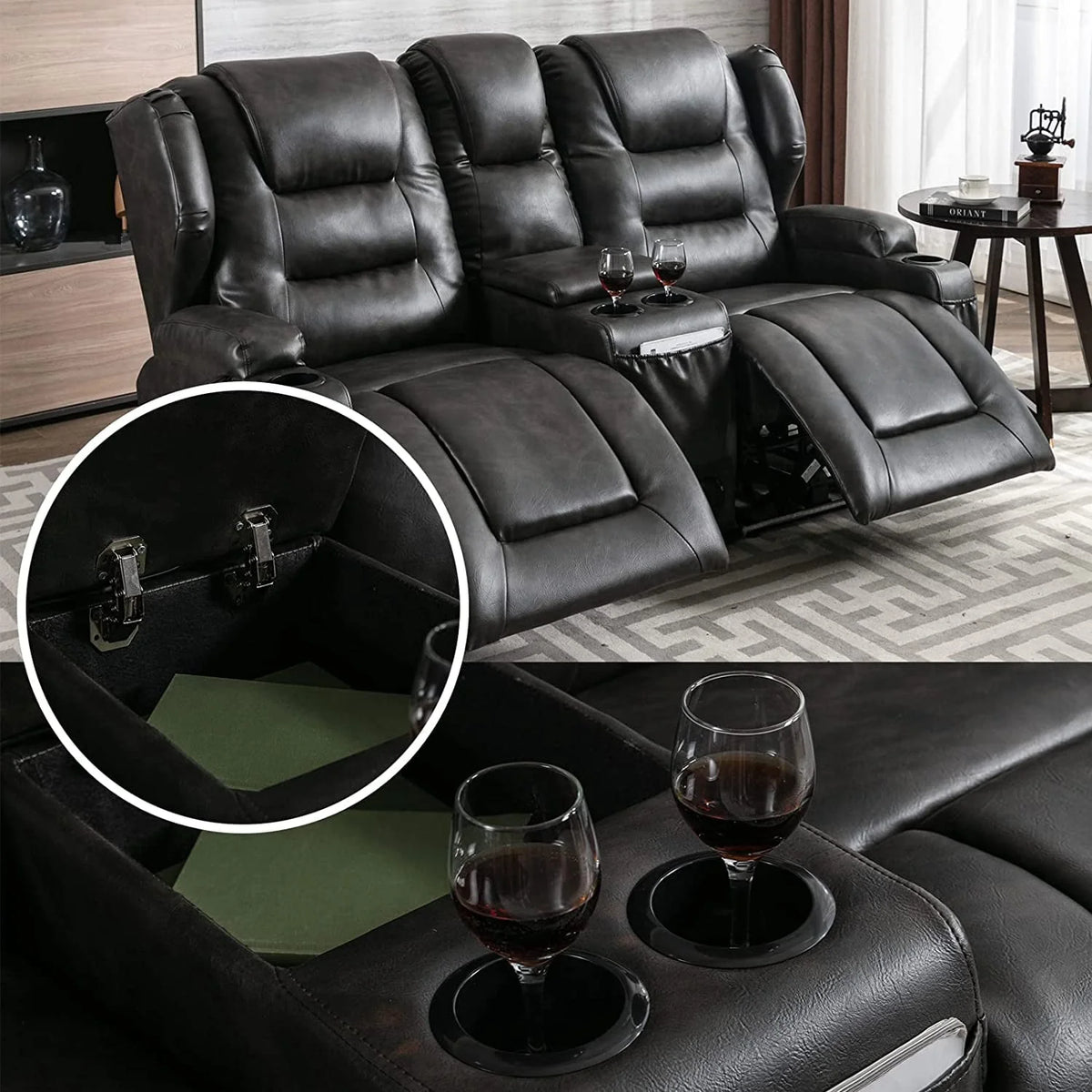 IPKIG Electric Home Theater Seating - Power Recline Chair Loveseat RV Sofa with Console. 67 Double Recliner 2 - Seater RV Couch with Storage/USB Charging/Lighting/Cup Holders for Living Room