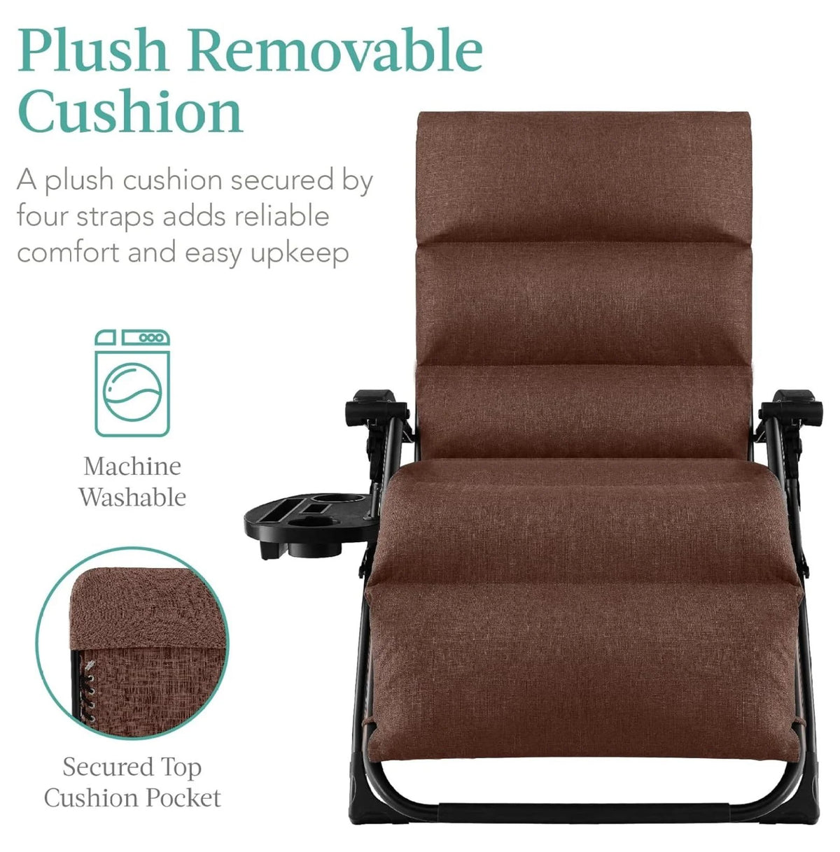 Oversized Chair. Folding Outdoor Patio Recliner. XL Anti Gravity Lounger W/Removable Cushion. Cup Holder. Side Tray. 350 lb Capacity - Taupe