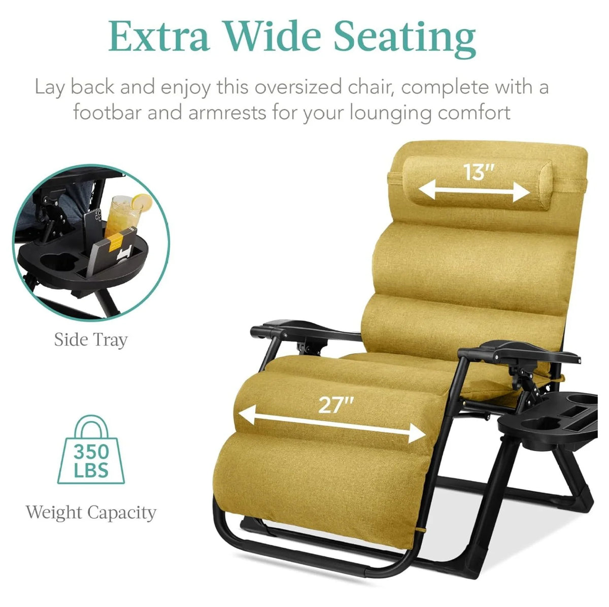 Oversized Chair. Folding Outdoor Patio Recliner. XL Anti Gravity Lounger W/Removable Cushion. Cup Holder. Side Tray. 350 lb Capacity - Taupe