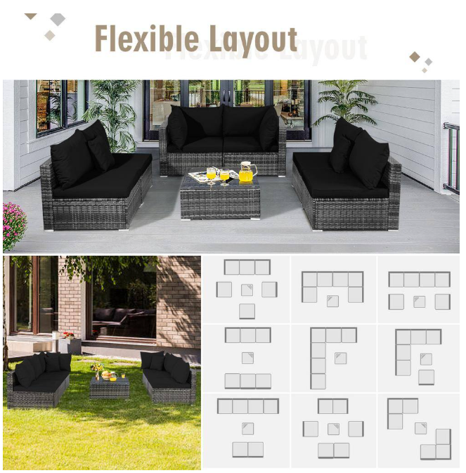 7-Piece Wicker Patio Conversation Set with Black Cushions