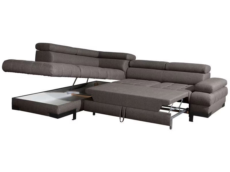 Canapé d'angle gauche/droite convertible SELVA 4 pl Tissu taupe Coffre de rangement