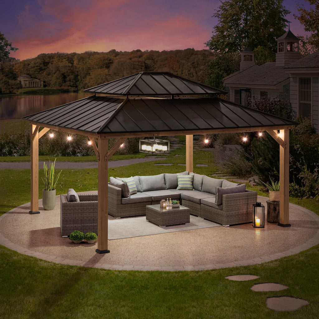 Sunjoy 13 x 15 ft. Wood Gazebo. Outdoor Patio Steel Hardtop Gazebo. Cedar Framed Wooden Gazebo with 2-Tier Metal Roof. Suitable for Patios. Lawn and Backyard