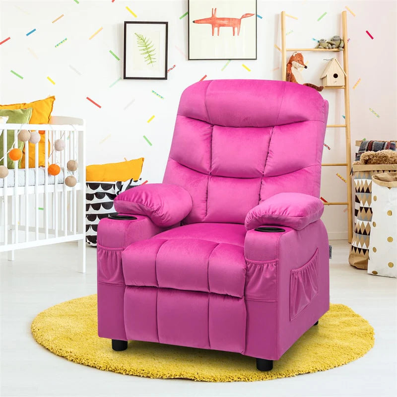 Kids Recliner Chair Adjustable Velvet Lounge Sofa with Cup Holders. 3 Pockets. Retractable Footrest. Toddler Furniture Sofa for Boys Girls Room