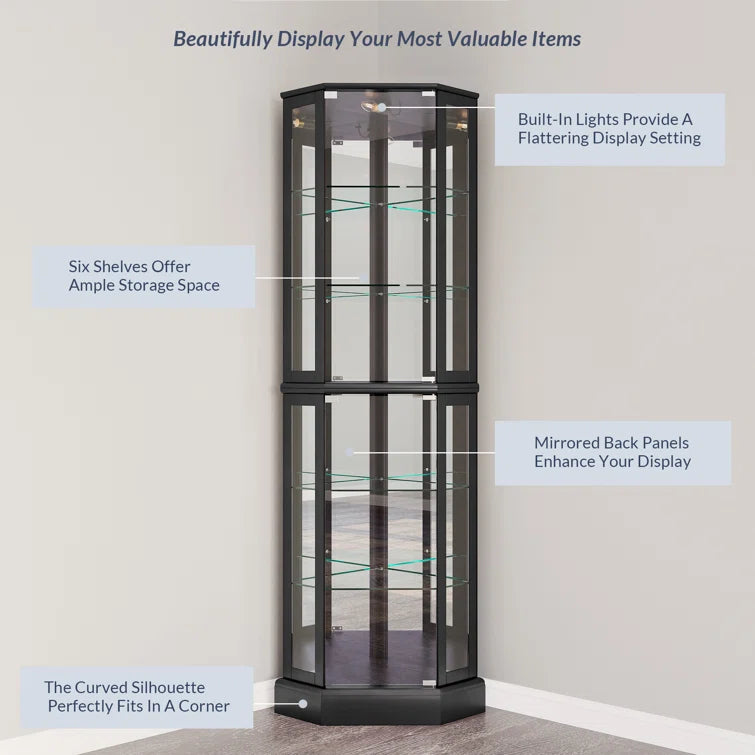 Schmidt Wood/Glass Lighted Corner Curio Cabinet 72 H