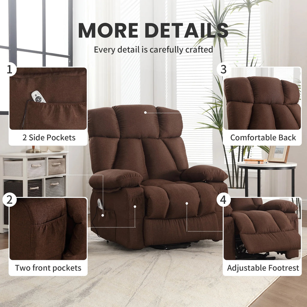 JONPONY Power Lift Recliner Chair Recliners for Elderly with Heat and Massage Recliner Chair for Living Room with Infinite Position and Side Pocket. USB Charge Port. Brown