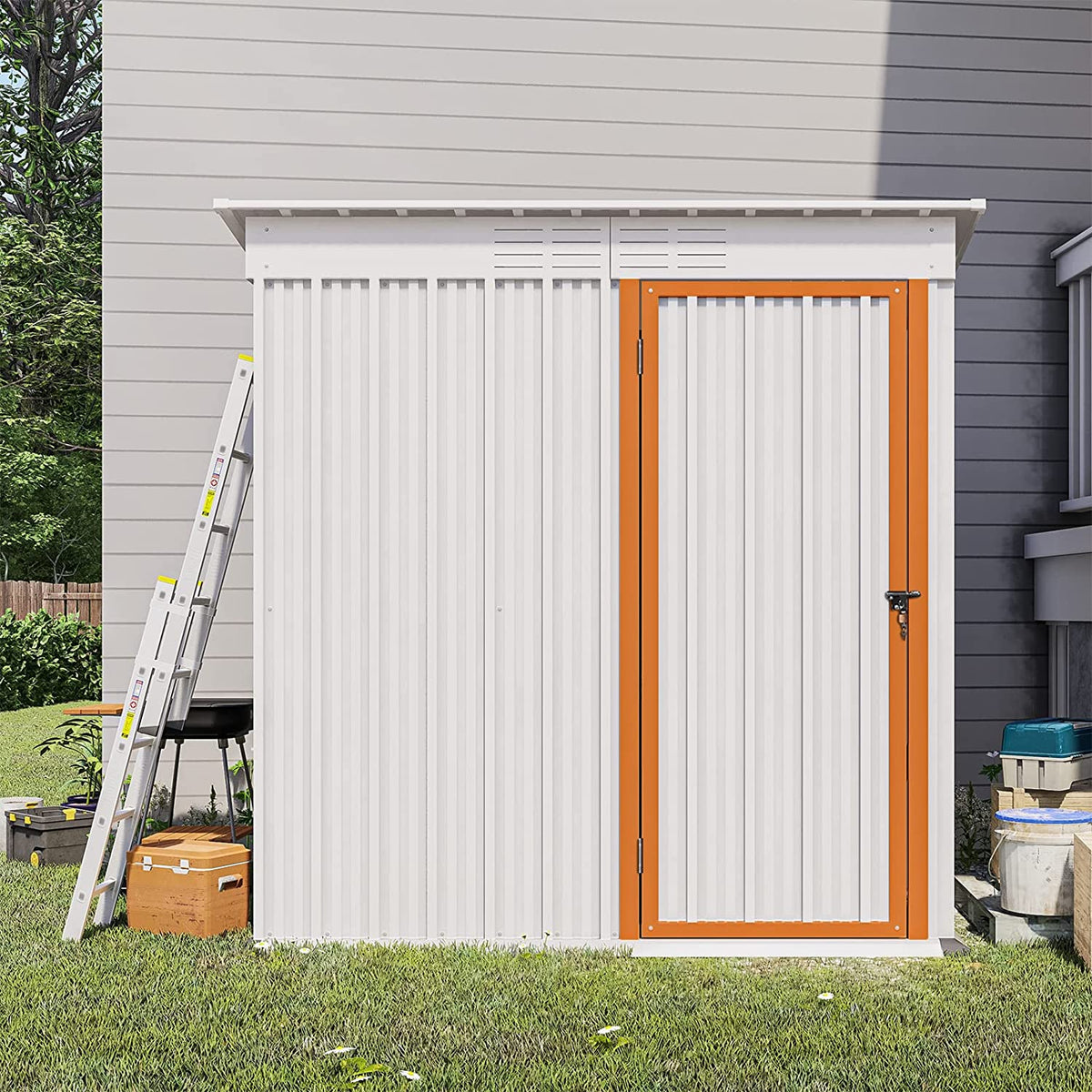 WIILAYOK 5 x 3 ft Outdoor Storage Shed. Galvanized Metal Garden Shed. Tool Storage Shed with Lockable Door. Patio Lawn Backyard Trash Can
