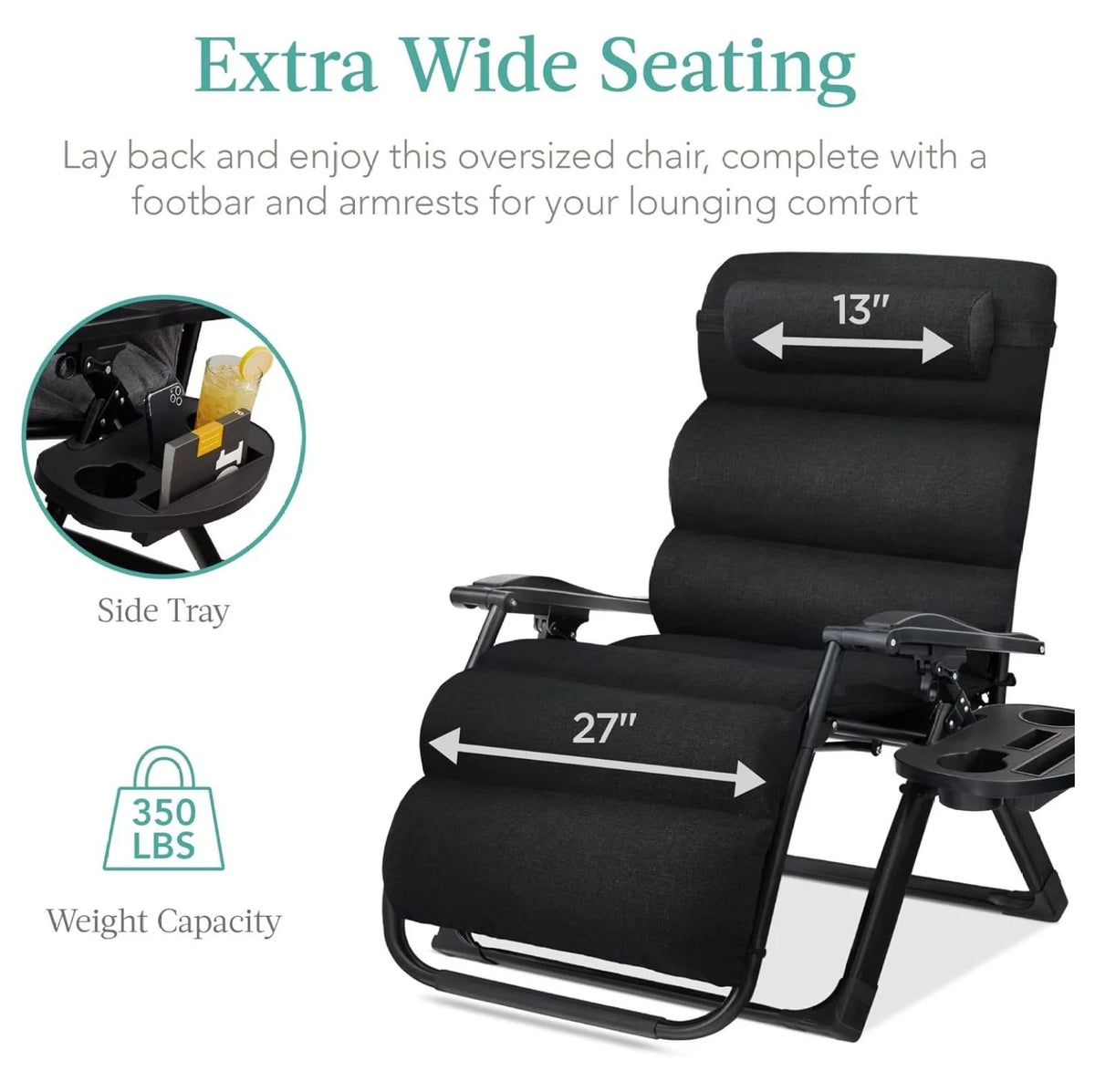 Oversized Chair. Folding Outdoor Patio Recliner. XL Anti Gravity Lounger W/Removable Cushion. Cup Holder. Side Tray. 350 lb Capacity - Taupe