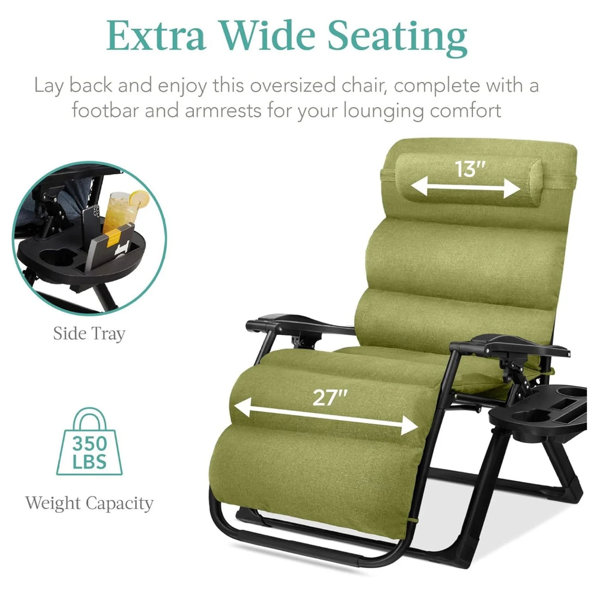 Oversized Chair. Folding Outdoor Patio Recliner. XL Anti Gravity Lounger W/Removable Cushion. Cup Holder. Side Tray. 350 lb Capacity - Taupe