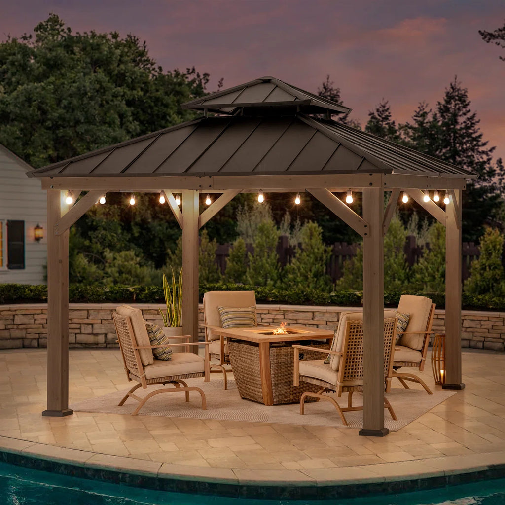 Sunjoy 11 x 11 ft. Wood Gazebo Standard Cedar Framed Gazebos with Black Double Steel Hardtop Roof for Garden. Backyard Shade