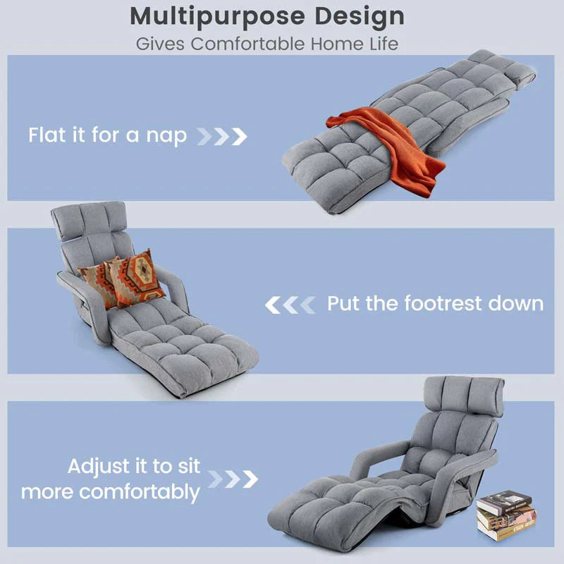 6-Position Adjustable Floor Sofa Bed. Folding Lazy Sofa Chaise Lounger Recliner with Armrests & Footrests for Living Room. Bedroom & Gaming