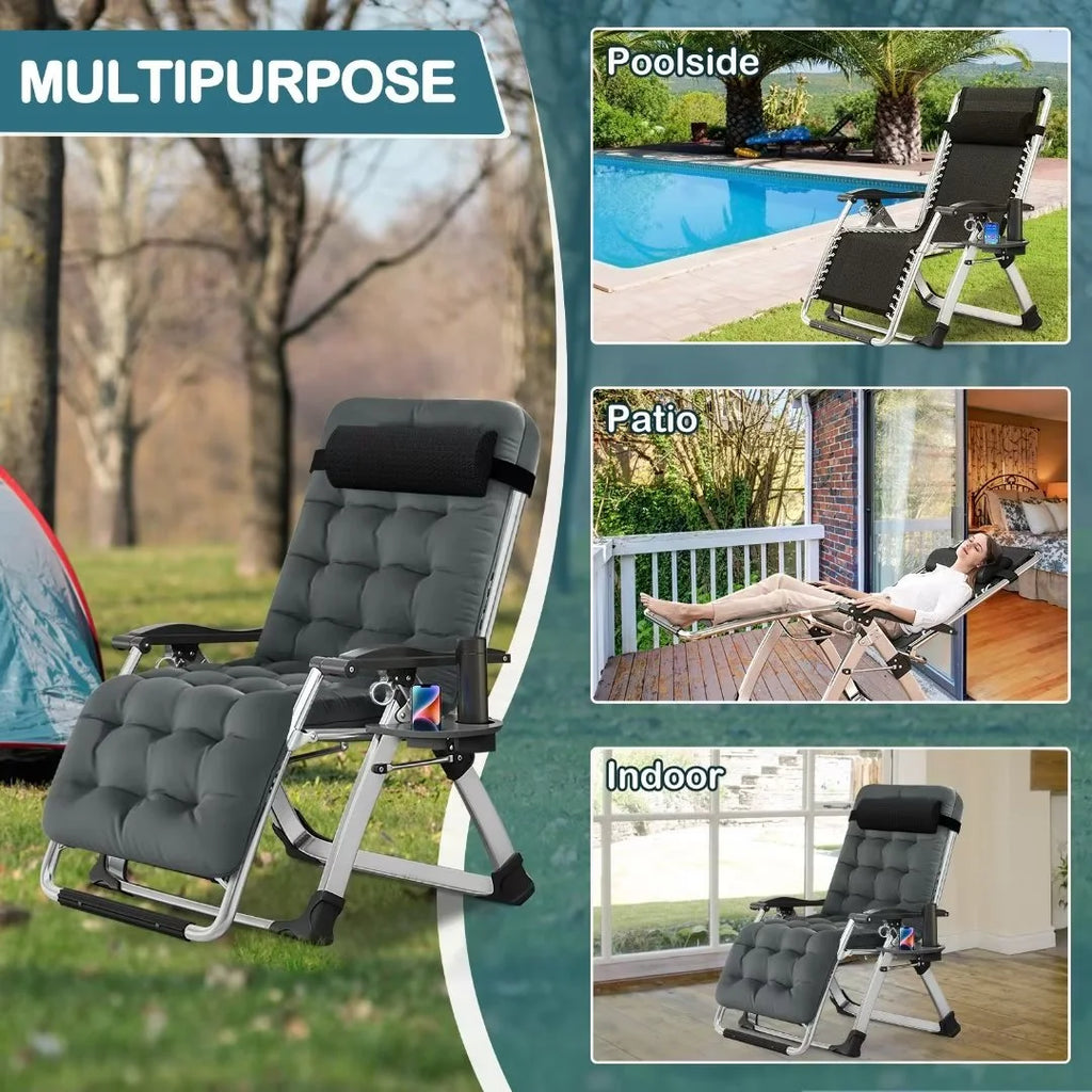 NAIZEA 2 Pack Zero Gravity Chair. Foldable Portable Lawn Recliner with Cushion. Headrest. Cup Holder. Black