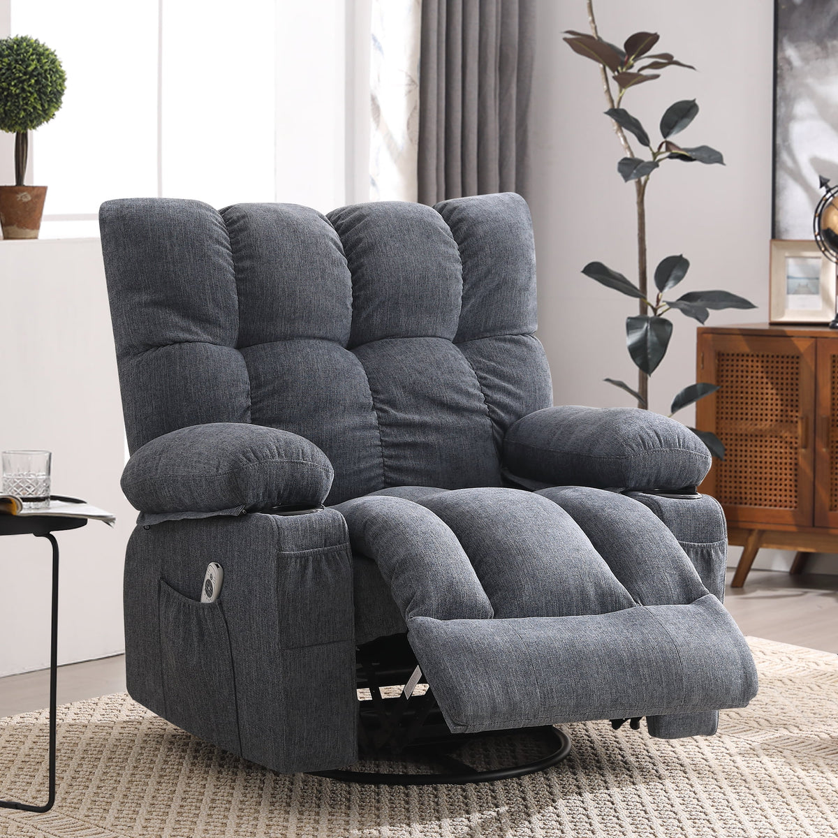 JONPONY Manual Recliner Chair with Heat Therapy and Massage Function. Heavy Duty Reclining Mechanism Massage Chair. Elderly Single Rocker Sofa with Cup Holders for Bedroom Home Theater. Grey