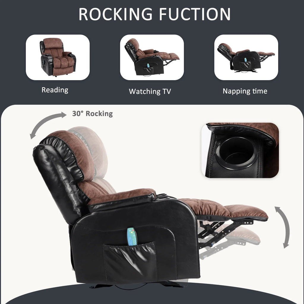Leather Massage Recliner Chair. Modern Electric Power Rocker with Heated Massage. Ergonomic Lounge Chair. SEGMART Single Sofa Seat with Drink Holders for Living Room. Black and Brown