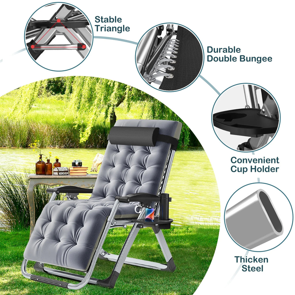 NAIZEA 2 Pack Zero Gravity Chair. Foldable Portable Lawn Recliner with Cushion. Headrest. Cup Holder. Black