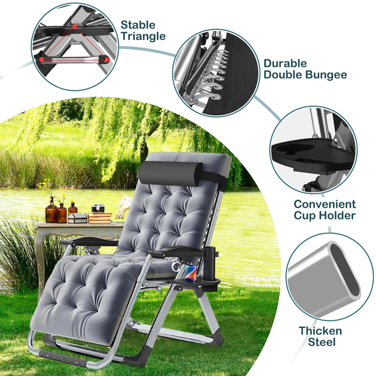 NAIZEA 2 Pack Zero Gravity Chair. Foldable Portable Lawn Recliner with Cushion. Headrest. Cup Holder. Black