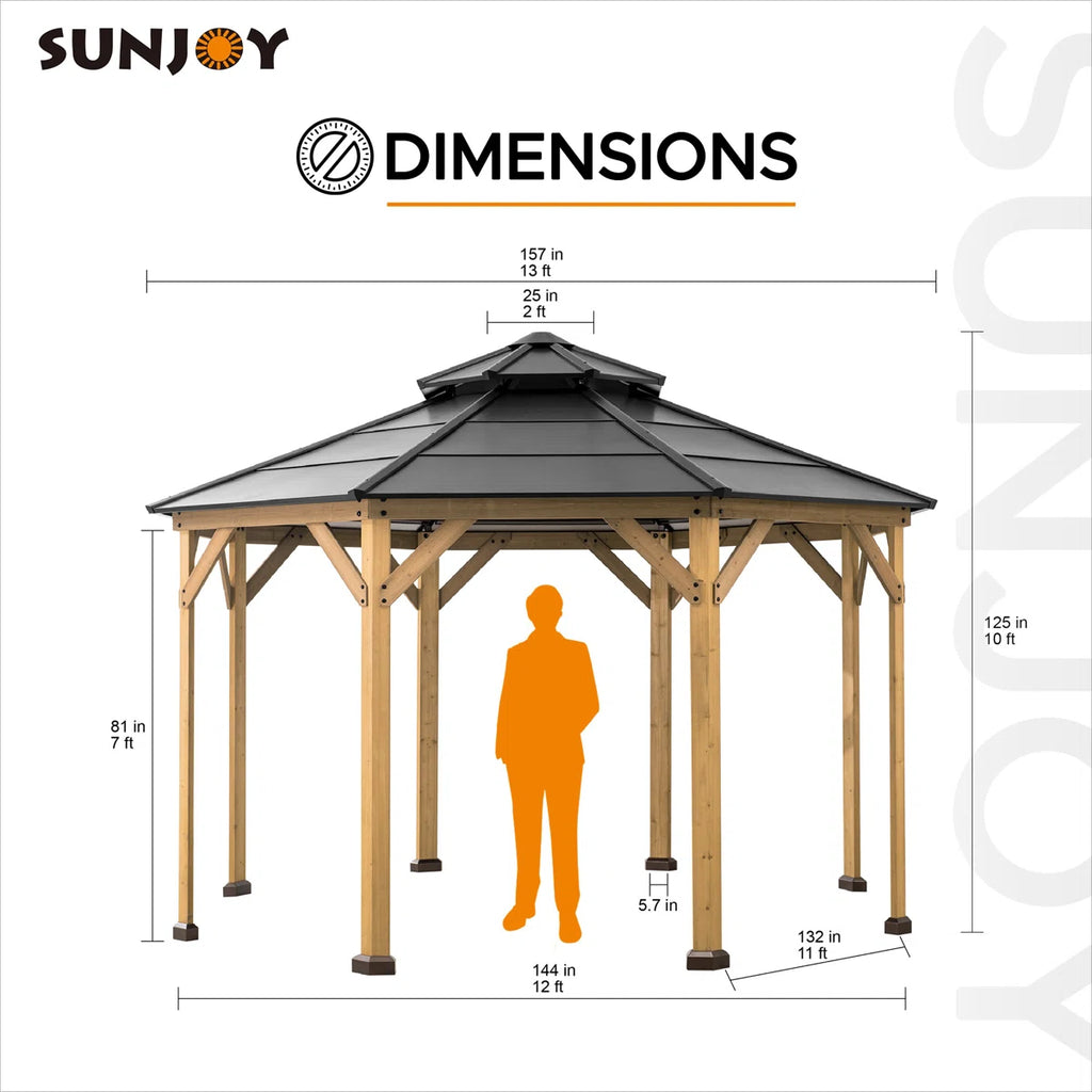 Sunjoy 13 x 13 ft. Cedar Framed Octagon Wood Gazebo with Double Tiered Steel Hardtop Roof and Ceiling Hook for Garden. Backyard Shade