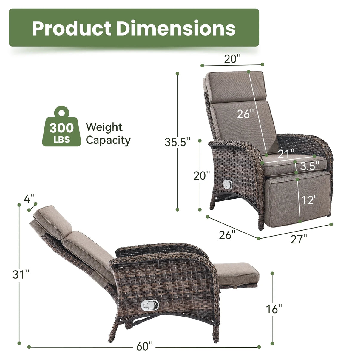 OPOHORO Outdoor Recliner Chair. Adjustable Reclining Patio Chair with Cushion. Wicker Outdoor Chaise Lounge with Adjustable Backrest and Footrest. Ideal for Pool Deck. Beige