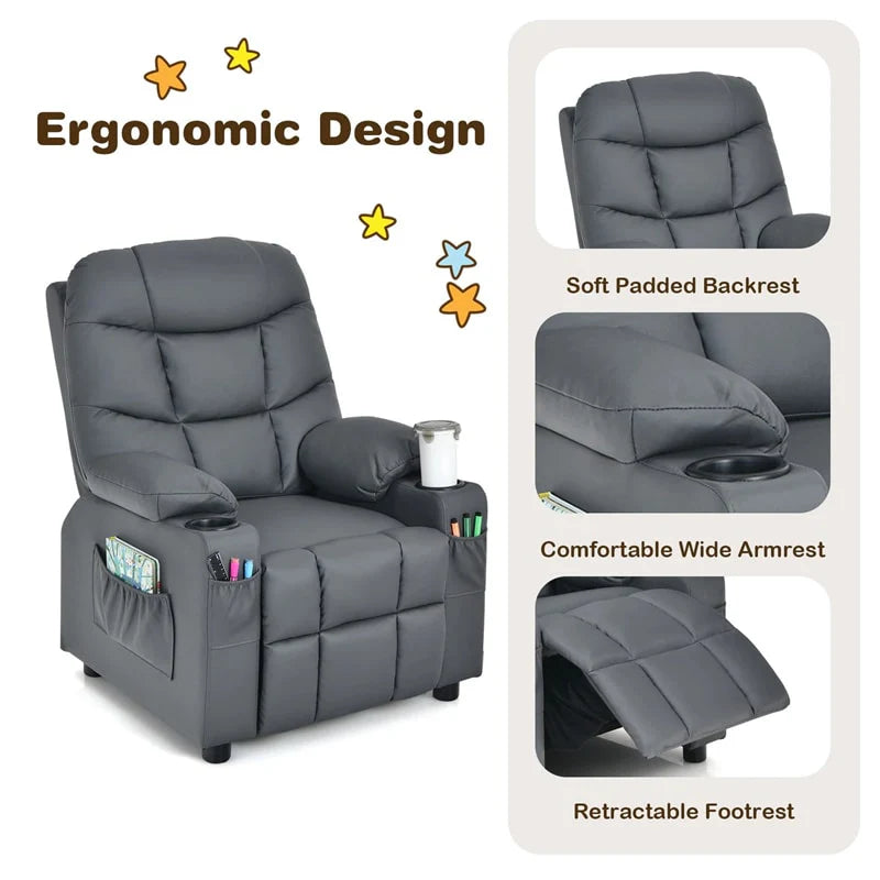 Kids Recliner Chair PU Leather Adjustable Lounge Sofa with Cup Holder. 3 Pockets & Retractable Footrest. Ergonomic Toddler Furniture Sofa
