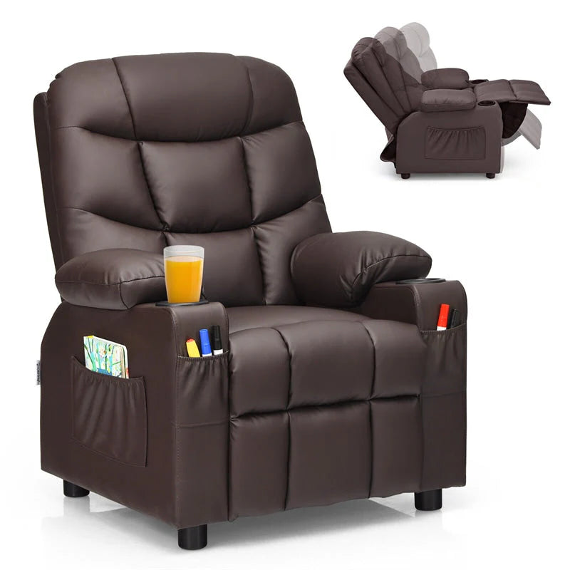 Kids Recliner Chair Adjustable Velvet Lounge Sofa with Cup Holders. 3 Pockets. Retractable Footrest. Toddler Furniture Sofa for Boys Girls Room