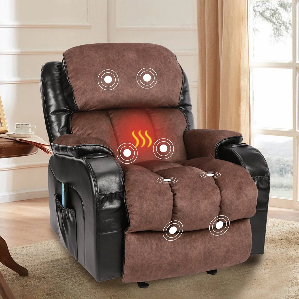 Leather Massage Recliner Chair. Modern Electric Power Rocker with Heated Massage. Ergonomic Lounge Chair. SEGMART Single Sofa Seat with Drink Holders for Living Room. Black and Brown