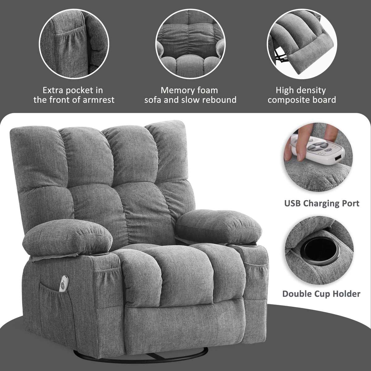 JONPONY Manual Recliner Chair with Heat Therapy and Massage Function. Heavy Duty Reclining Mechanism Massage Chair. Elderly Single Rocker Sofa with Cup Holders for Bedroom Home Theater. Grey