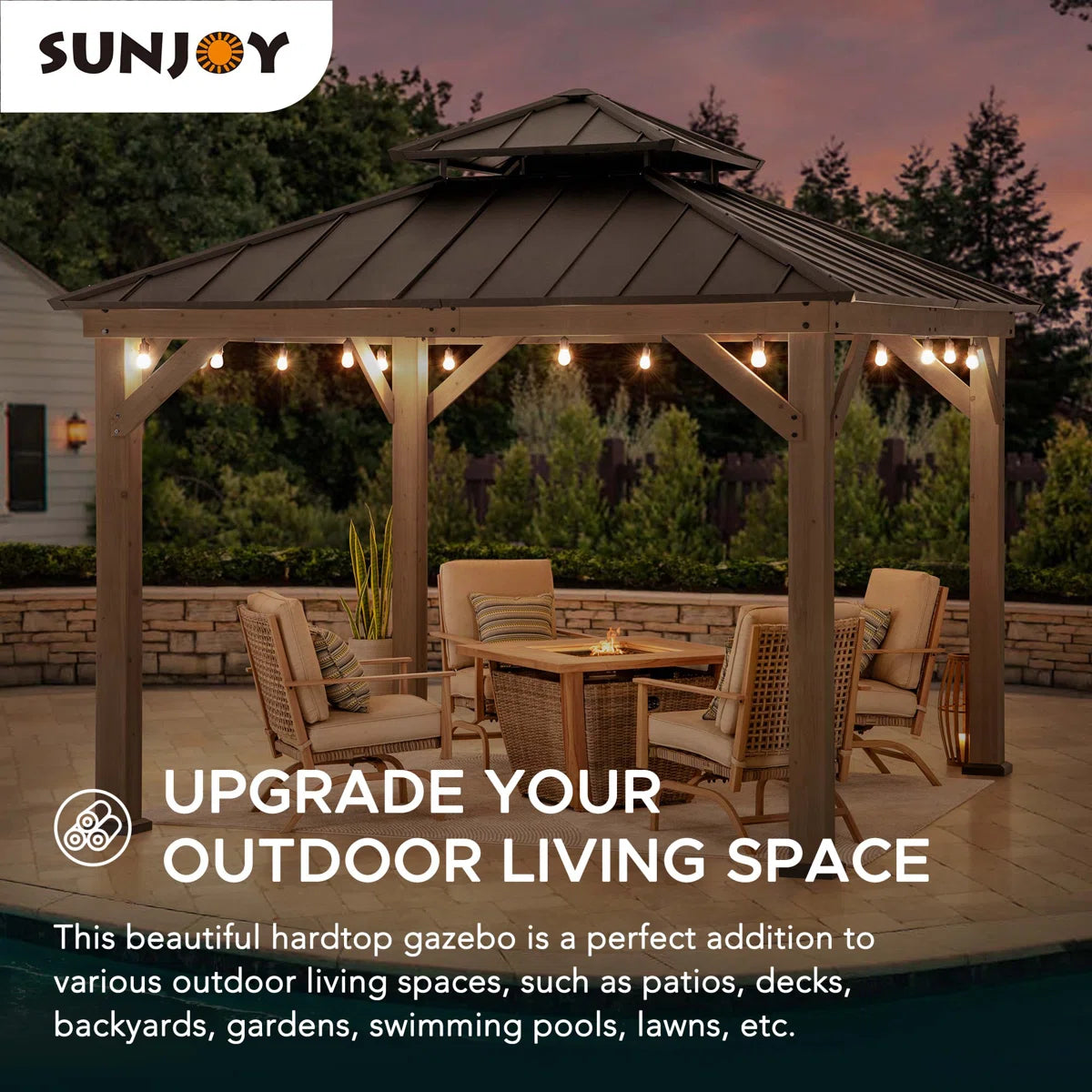 Sunjoy 11 x 11 ft. Wood Gazebo Standard Cedar Framed Gazebos with Black Double Steel Hardtop Roof for Garden. Backyard Shade