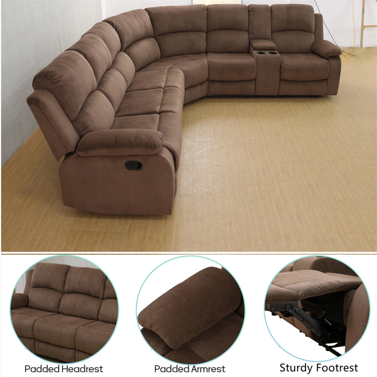 Aukfa 3 - Piece Recliner Sofa Set. 6 Seat Sectional Couch with Cup Holders&Storage Console. Gray