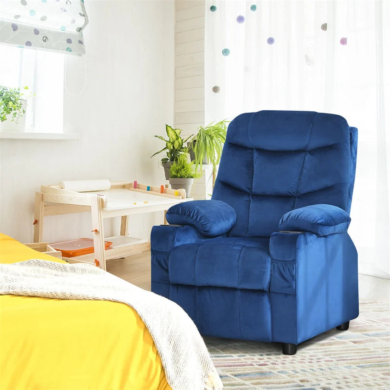 Kids Recliner Chair Adjustable Velvet Lounge Sofa with Cup Holders. 3 Pockets. Retractable Footrest. Toddler Furniture Sofa for Boys Girls Room