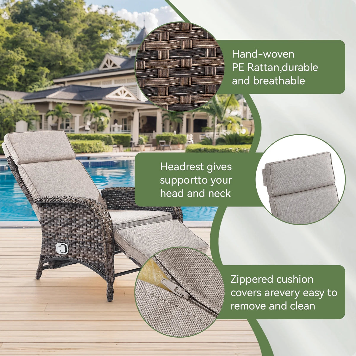 OPOHORO Outdoor Recliner Chair. Adjustable Reclining Patio Chair with Cushion. Wicker Outdoor Chaise Lounge with Adjustable Backrest and Footrest. Ideal for Pool Deck. Beige