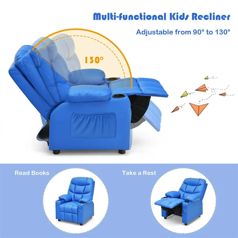 Kids Recliner Chair PU Leather Adjustable Lounge Sofa with Cup Holder. 3 Pockets & Retractable Footrest. Ergonomic Toddler Furniture Sofa