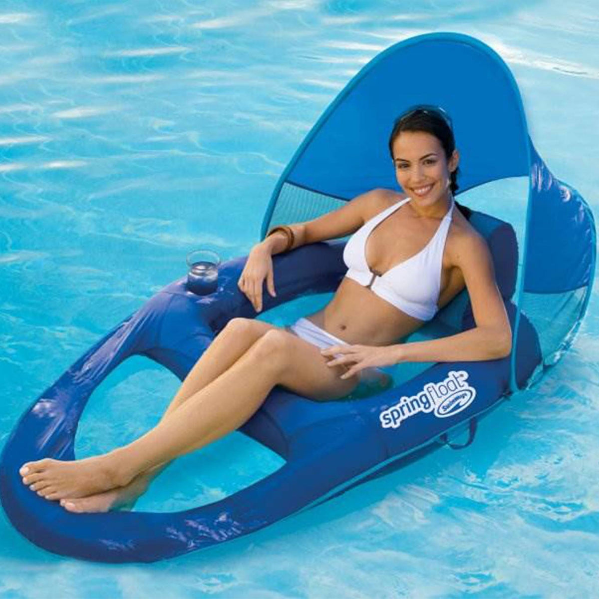 SwimWays Spring Float Recliner Pool Lounge Chair with Sun Canopy. Blue