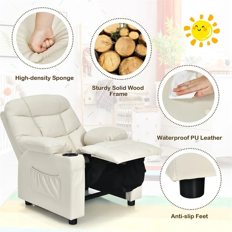 Kids Recliner Chair PU Leather Adjustable Lounge Sofa with Cup Holder. 3 Pockets & Retractable Footrest. Ergonomic Toddler Furniture Sofa
