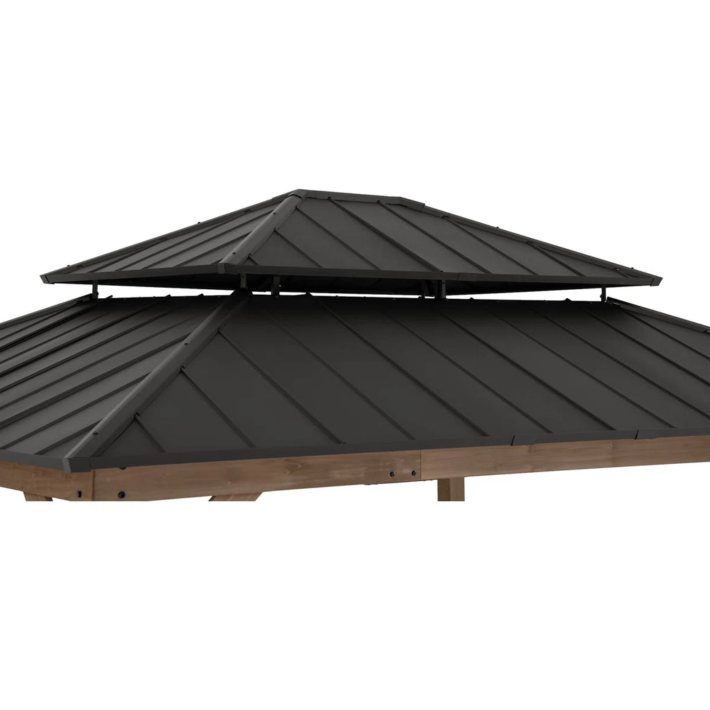 Sunjoy 13 x 15 ft. Wood Gazebo. Outdoor Patio Steel Hardtop Gazebo. Cedar Framed Wooden Gazebo with 2-Tier Metal Roof. Suitable for Patios. Lawn and Backyard