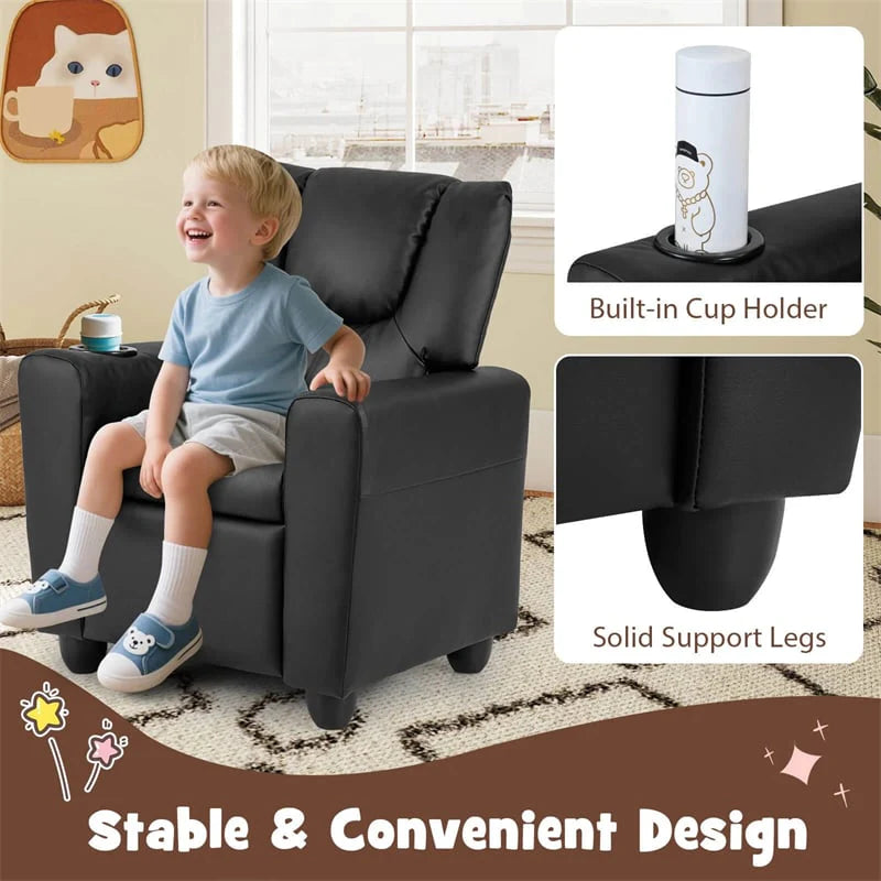 Kids Recliner Chair with Cup Holder & Side Pocket. Adjustable Toddler Lounge Sofa. Ergonomic Children Armchairs for Boys Girls Age 3+. 150lbs
