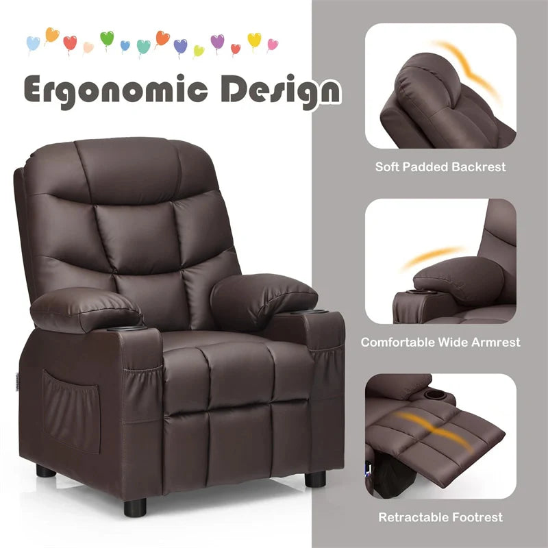 Kids Recliner Chair PU Leather Adjustable Lounge Sofa with Cup Holder. 3 Pockets & Retractable Footrest. Ergonomic Toddler Furniture Sofa