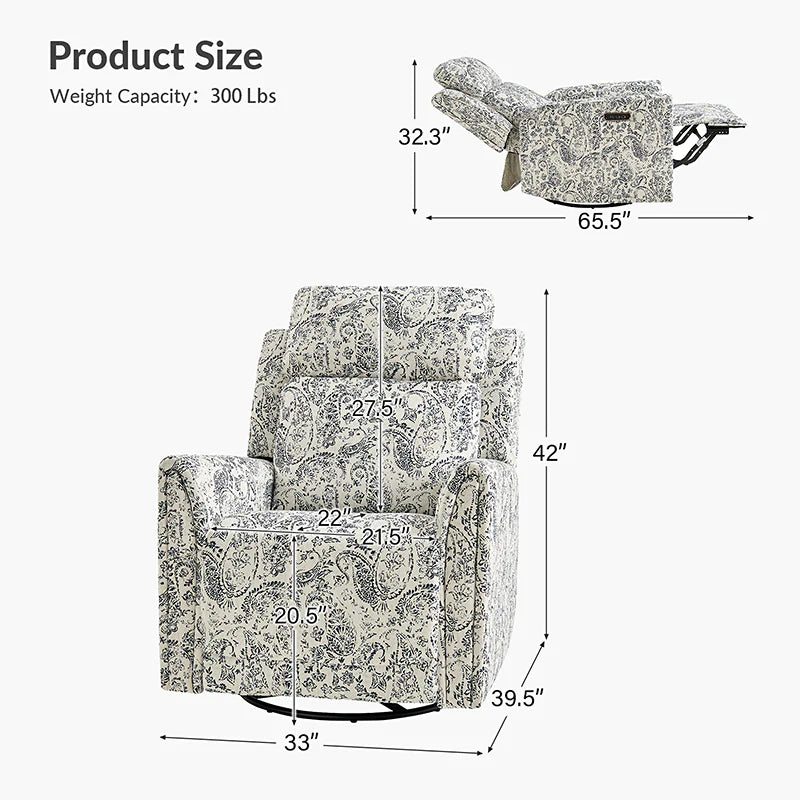Alois Large Floral Swivel And Rocker Power Recliner With Adjustable Headrest