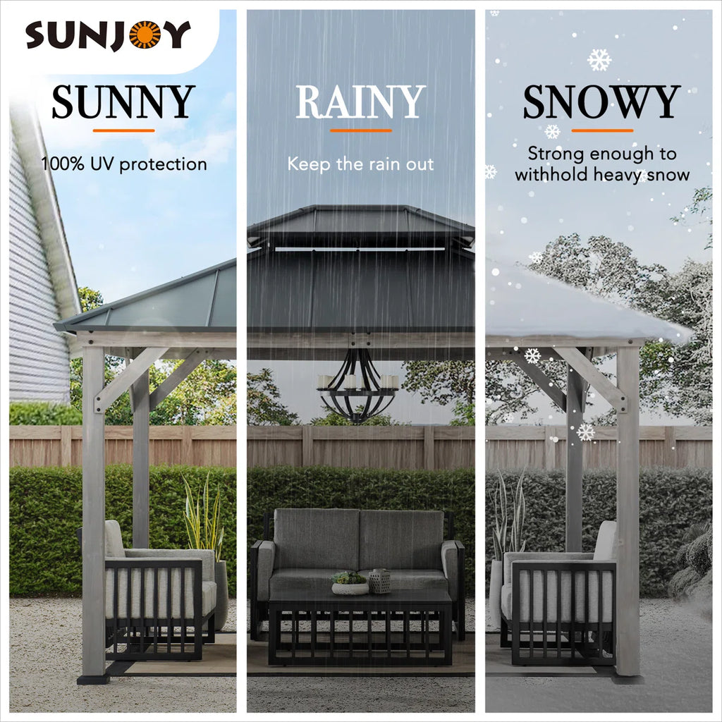 Sunjoy 10 x 12 ft. Wood Gazebo. Outdoor Patio Steel Hardtop Gazebo. Cedar Framed Wooden Gazebo with 2-Tier Metal Roof. Suitable for Patios. Lawn and Backyard