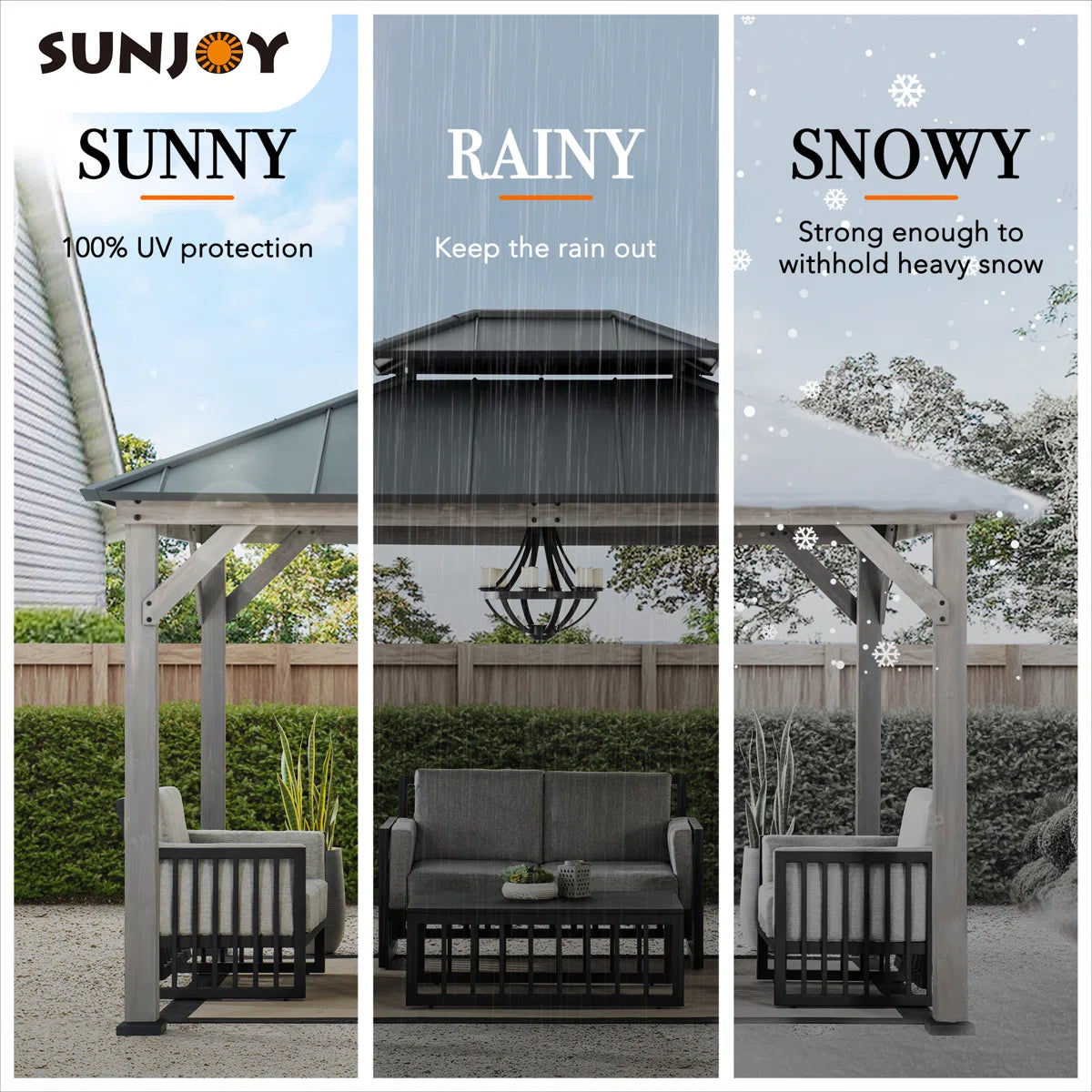 Sunjoy 10 x 12 ft. Wood Gazebo. Outdoor Patio Steel Hardtop Gazebo. Cedar Framed Wooden Gazebo with 2-Tier Metal Roof. Suitable for Patios. Lawn and Backyard