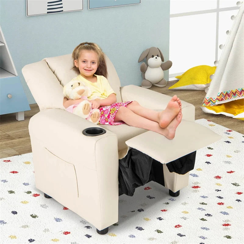Kids Recliner Chair with Cup Holder & Side Pocket. Adjustable Toddler Lounge Sofa. Ergonomic Children Armchairs for Boys Girls Age 3+. 150lbs