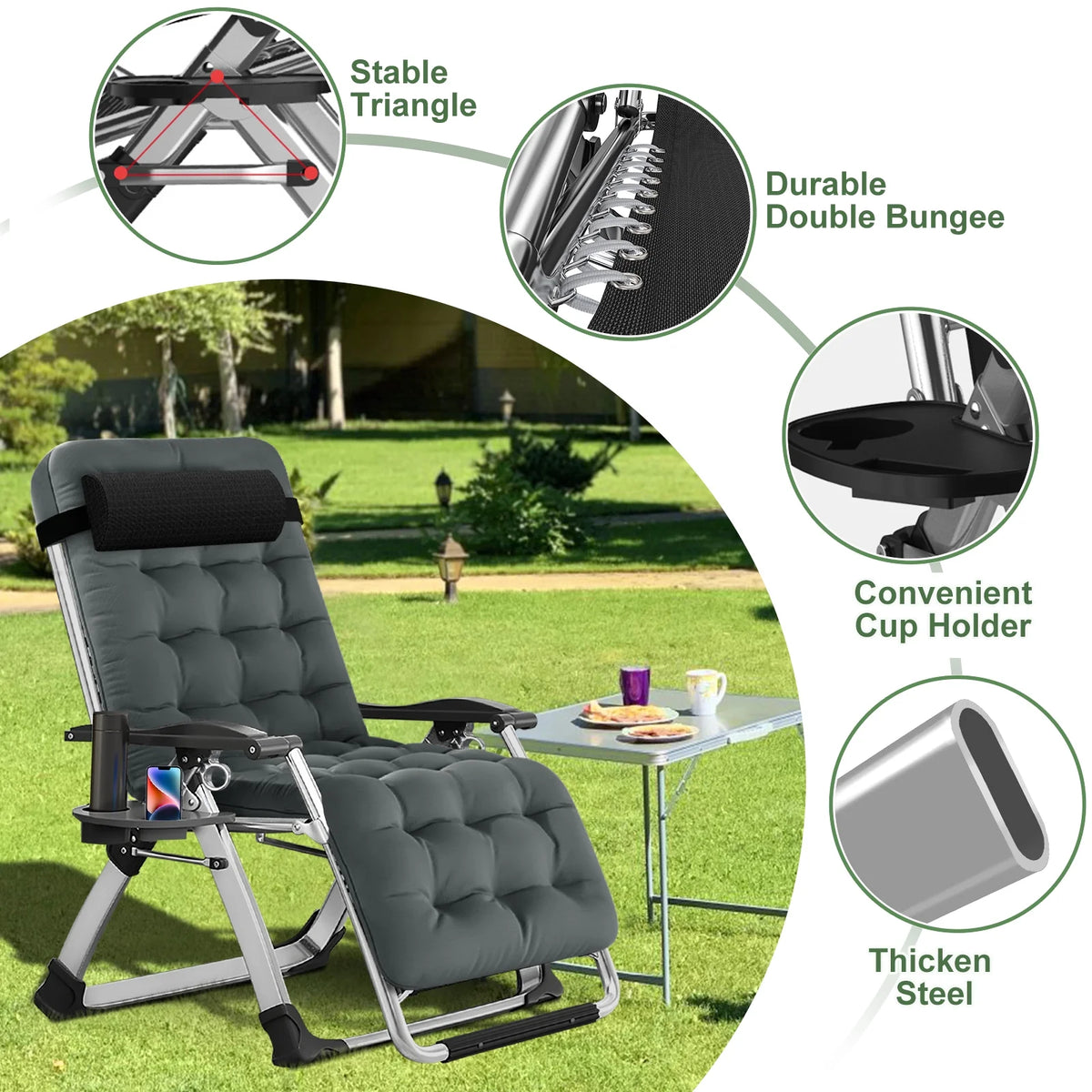 NAIZEA 2 Pack Zero Gravity Chair. Foldable Portable Lawn Recliner with Cushion. Headrest. Cup Holder. Black