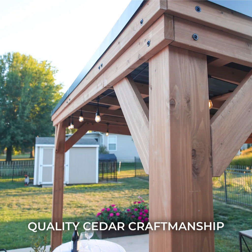 Backyard Discovery Arcadia 14' x 12' Cedar Wood Outdoor Patio Gazebo with Hardtop Galvanized Steel Slope Roof and PowerPort