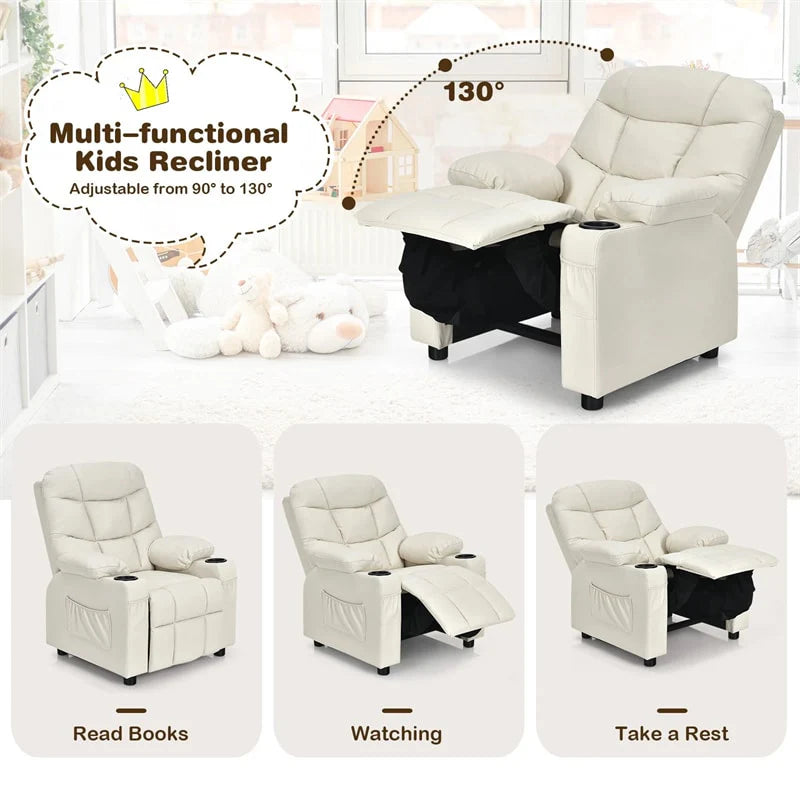 Kids Recliner Chair PU Leather Adjustable Lounge Sofa with Cup Holder. 3 Pockets & Retractable Footrest. Ergonomic Toddler Furniture Sofa