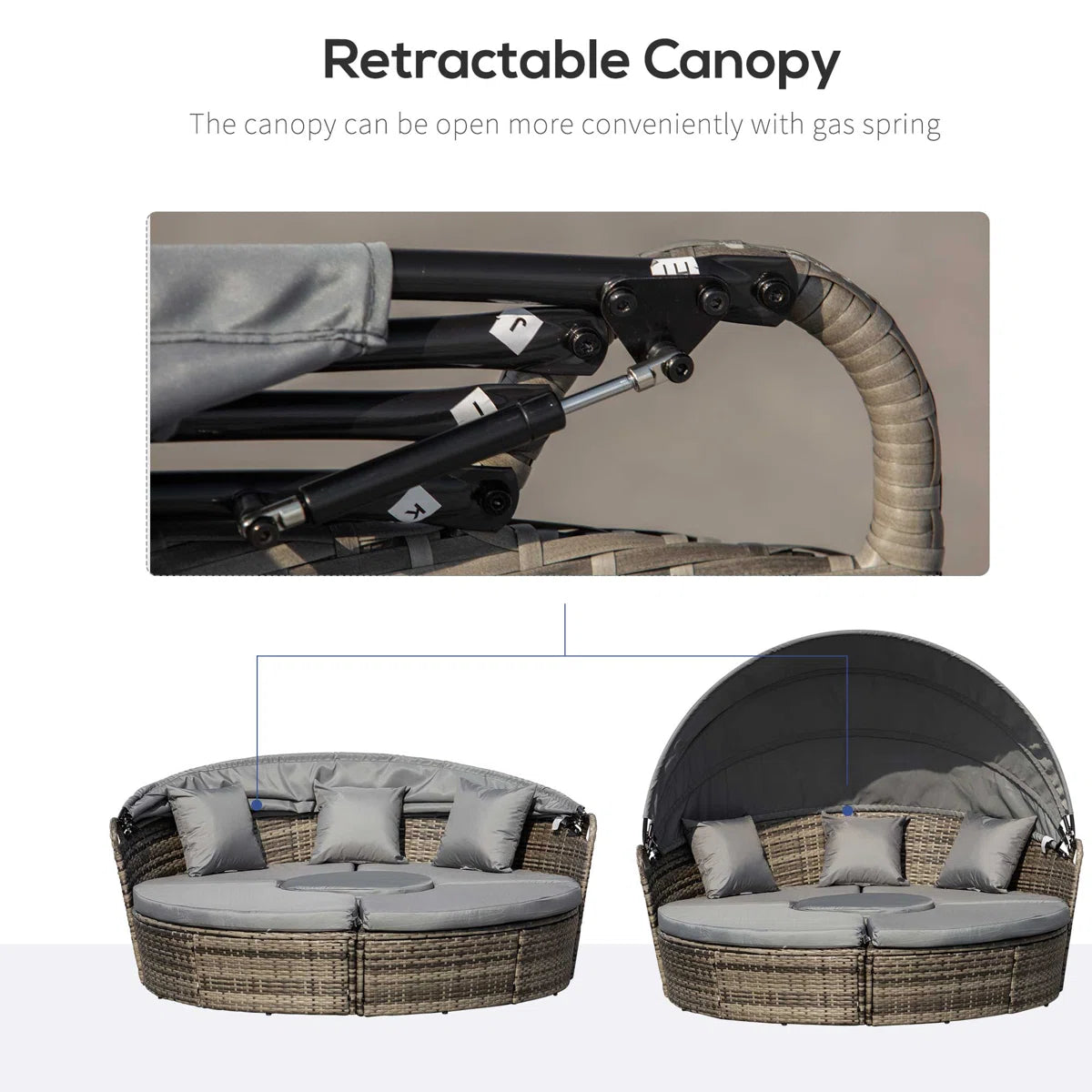 Jazmyne Outsunny 4 Piece Round Rattan Daybed. Convertible Patio Furniture Set. Adjustable Sun Canopy. Sectional Outdoor Sofa. 2 Chairs. Extending Tea Table Ottoman Chair. 3 Pillows