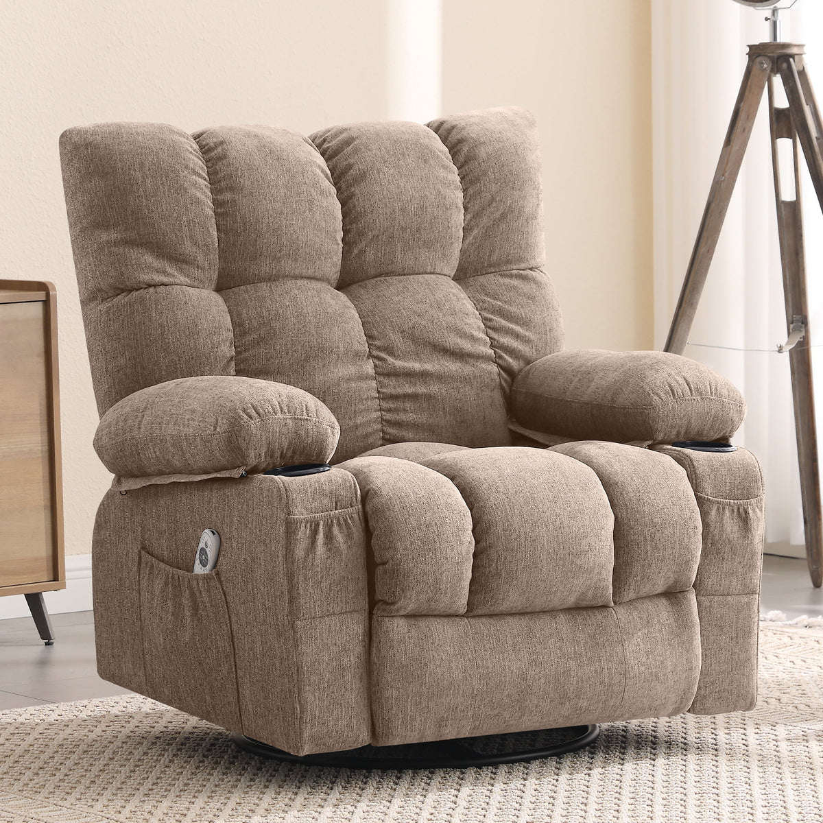 JONPONY Manual Recliner Chair with Heat Therapy and Massage Function. Heavy Duty Reclining Mechanism Massage Chair. Elderly Single Rocker Sofa with Cup Holders for Bedroom Home Theater. Grey