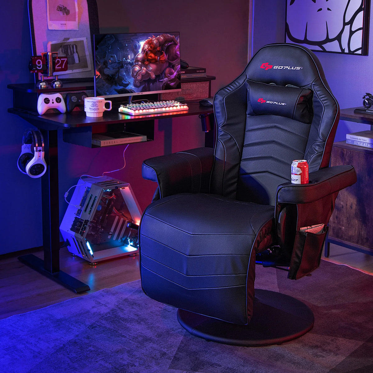 Goplus Massage Gaming Recliner Height Adjustable Racing Swivel Chair with Cup Holder Red
