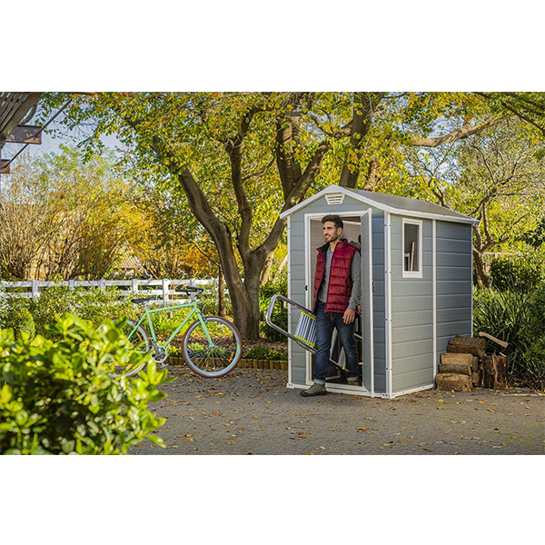 4×6 Resin Outdoor Storage Shed Kit-Perfect to Store Patio Furniture. Garden Tools Bike Accessories. Beach Chairs and Lawn Mower. Grey & White