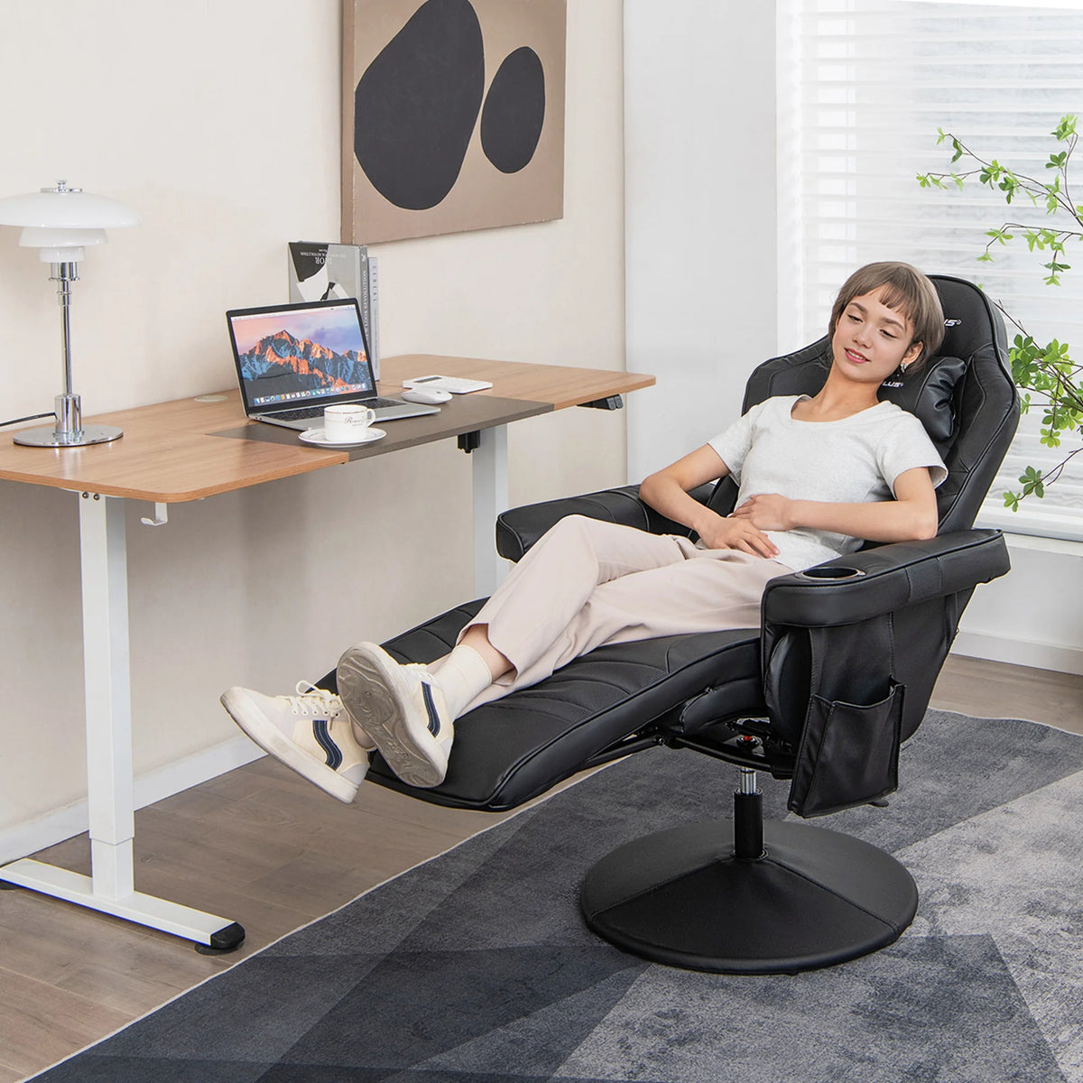 Goplus Massage Gaming Recliner Height Adjustable Racing Swivel Chair with Cup Holder Red