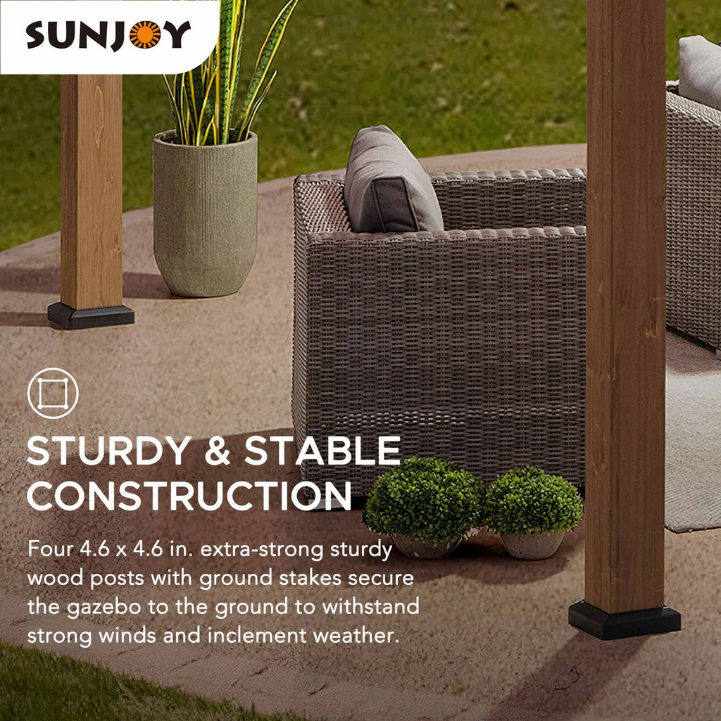 Sunjoy 13 x 15 ft. Wood Gazebo. Outdoor Patio Steel Hardtop Gazebo. Cedar Framed Wooden Gazebo with 2-Tier Metal Roof. Suitable for Patios. Lawn and Backyard