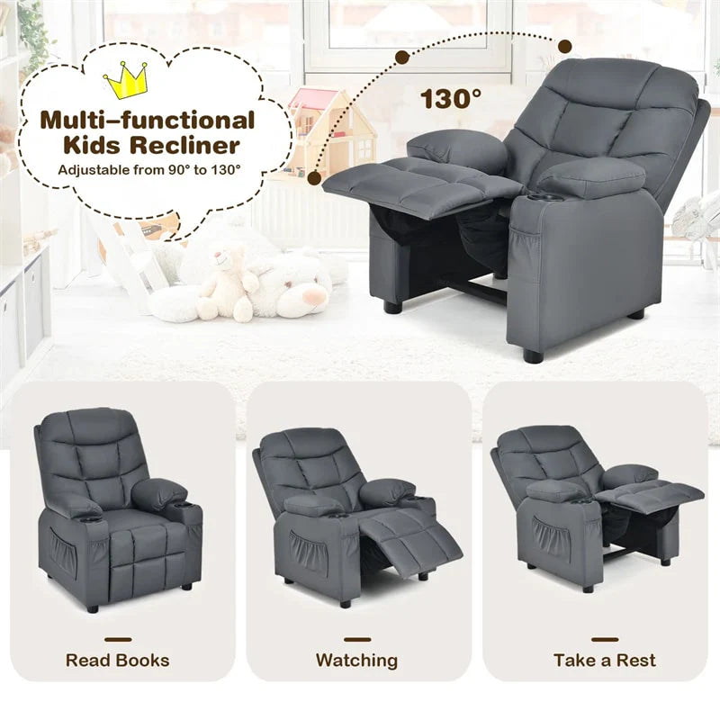 Kids Recliner Chair PU Leather Adjustable Lounge Sofa with Cup Holder. 3 Pockets & Retractable Footrest. Ergonomic Toddler Furniture Sofa