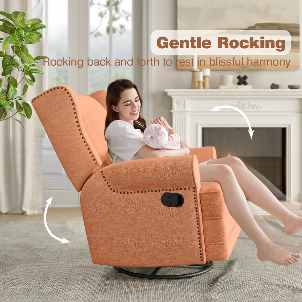 Royalcraft Swivel Nursery Glider Recliner. Comfy Upholstered Glider Chair with Lumbar Pillow and Footrest. Beige